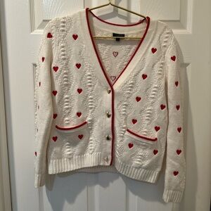 Talbots White Cardigan with Red Heart Accents